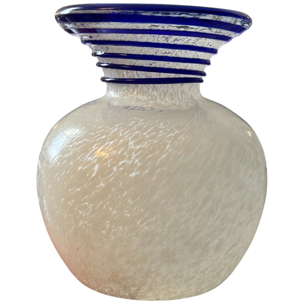 Art Glass Vase– Cobalt Blue Applied Swirl, White Textured Body, Flared Mouth